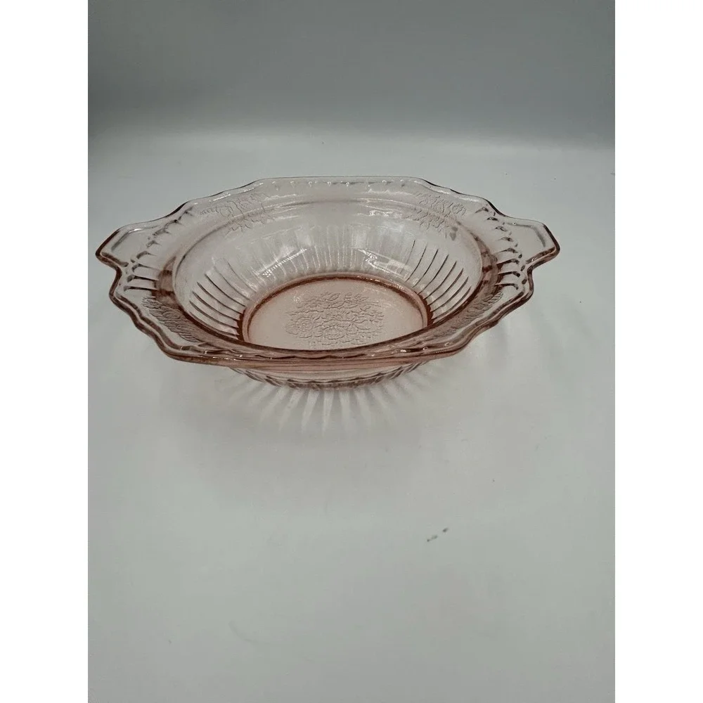 Pink Glass Floral Round Serving Bowl w/ Handles Scalloped Rim 8.5 in
